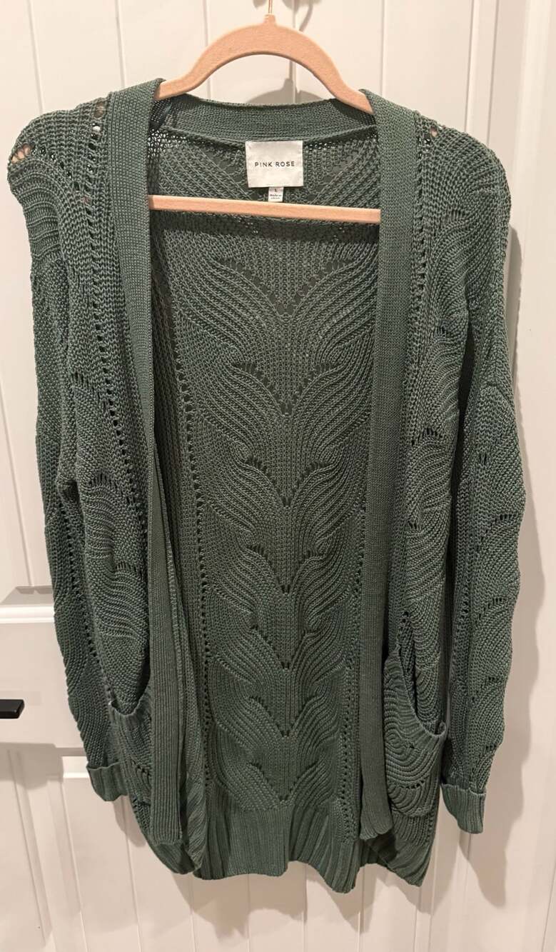 Pink Rose Open Front Cardigan Size L Green Knit Sweater Pockets